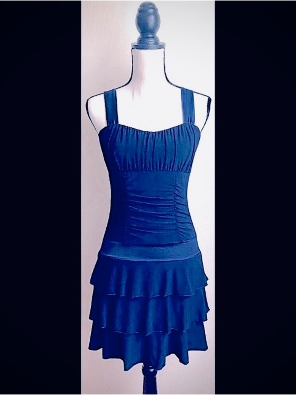 Navy Blue Ruffled Mini Skirt Dress: Fitted, Stretch, Padded Bust, Sz. M
